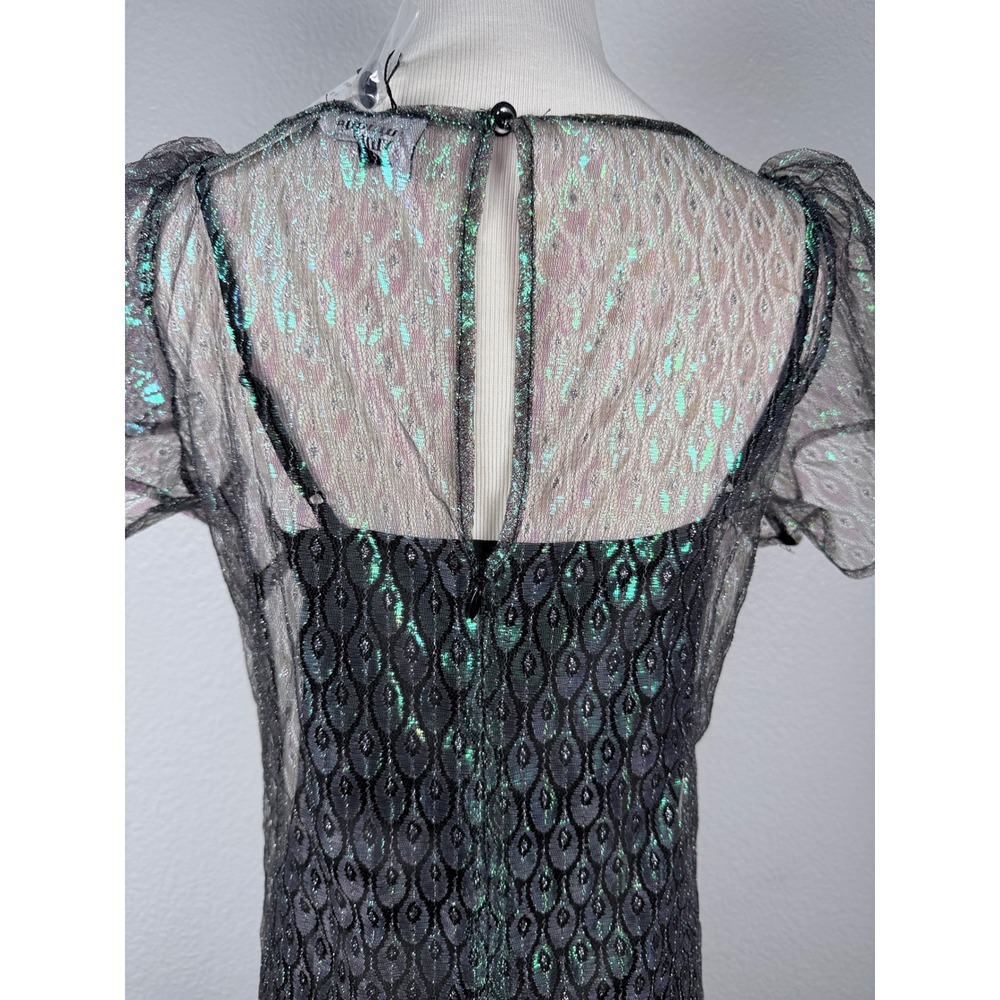 Vintage Inspired Iridescent Peacock Lace Drop Waist Flapper Midi Dress 4 - Picture 8 of 12